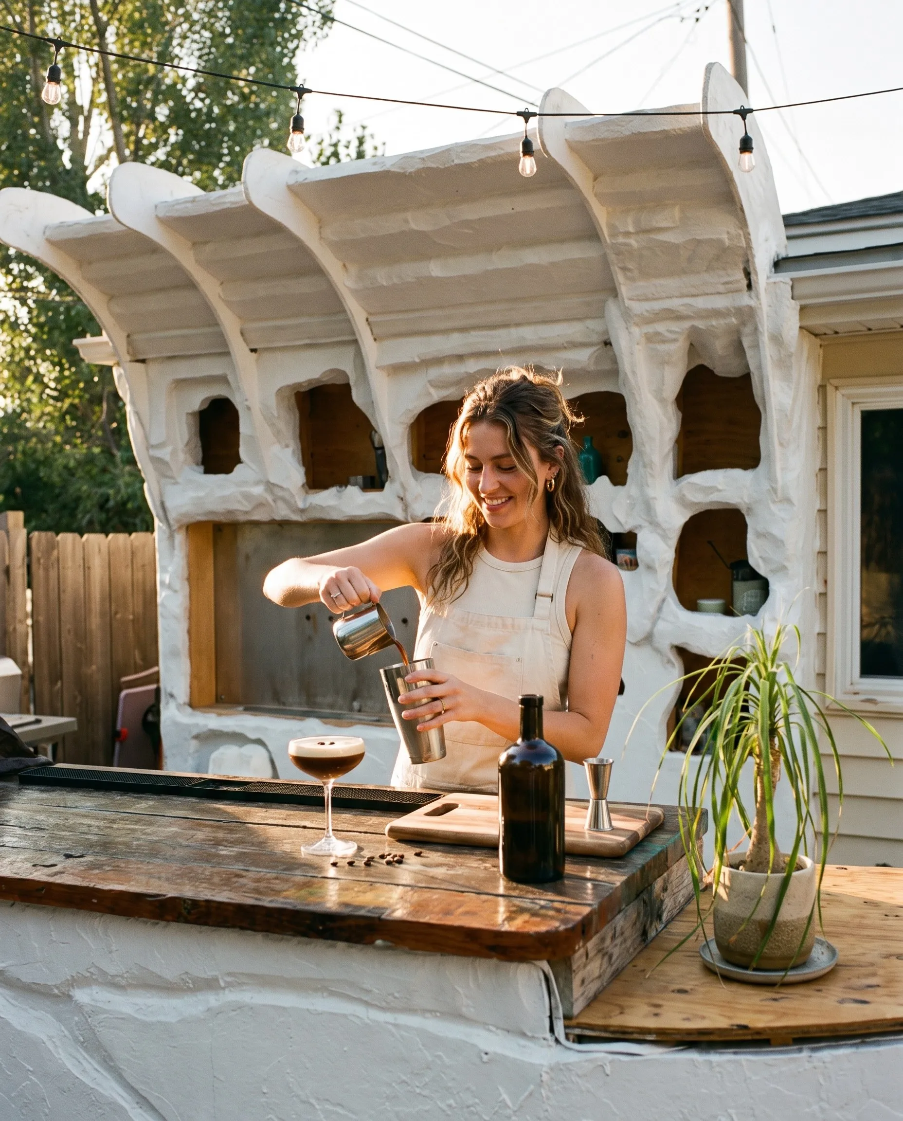 The garden bar opens when the weather cools. Homemade drinks out back, under the lights, once the heat breaks.