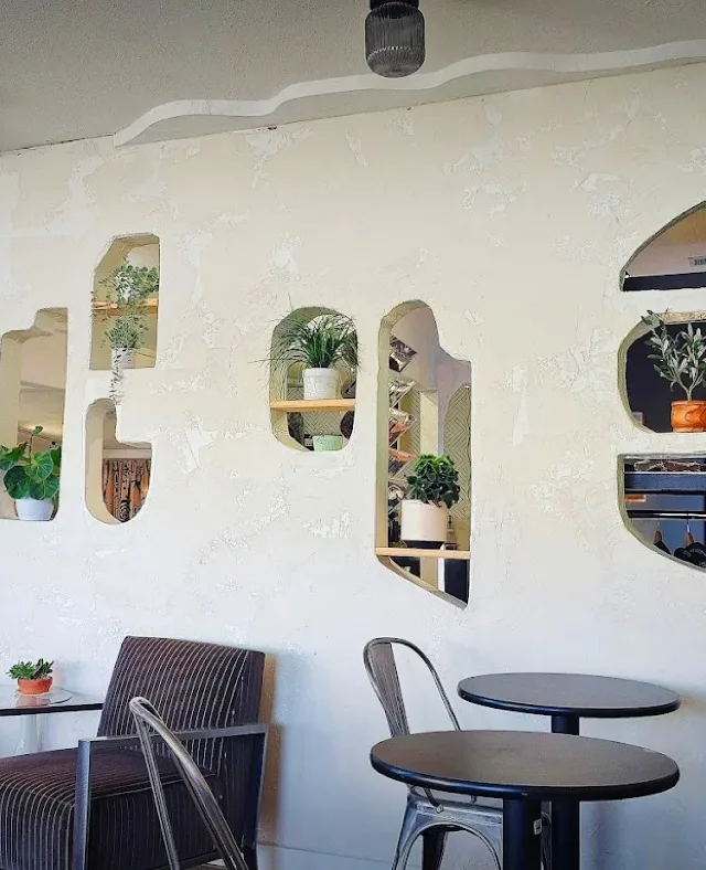 Hand-sculpted plaster wall with organic cut-out niches and plants