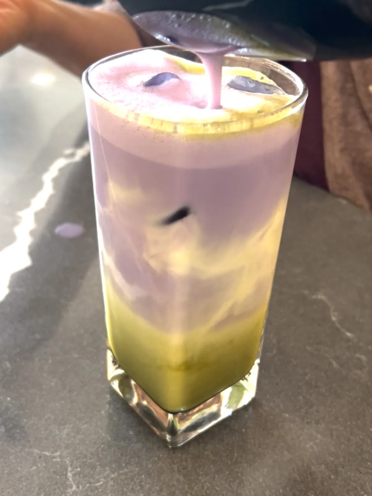 Moonrise Matcha Latte. Matcha (or sub espresso) under a heavy butterfly pea flower cold foam. Calm, clean energy. Caffeine free.