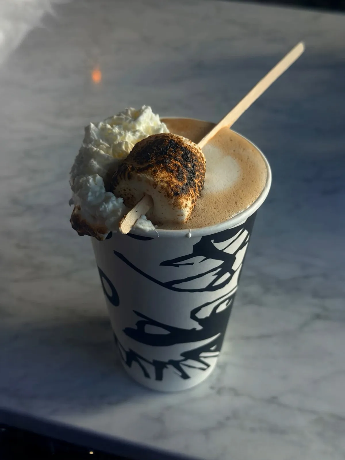 Toasted Marshmallow Latte. Espresso or matcha with a toasted marshmallow rim, housemade marshmallow syrup, whip, and a jumbo toasted marshmallow.
