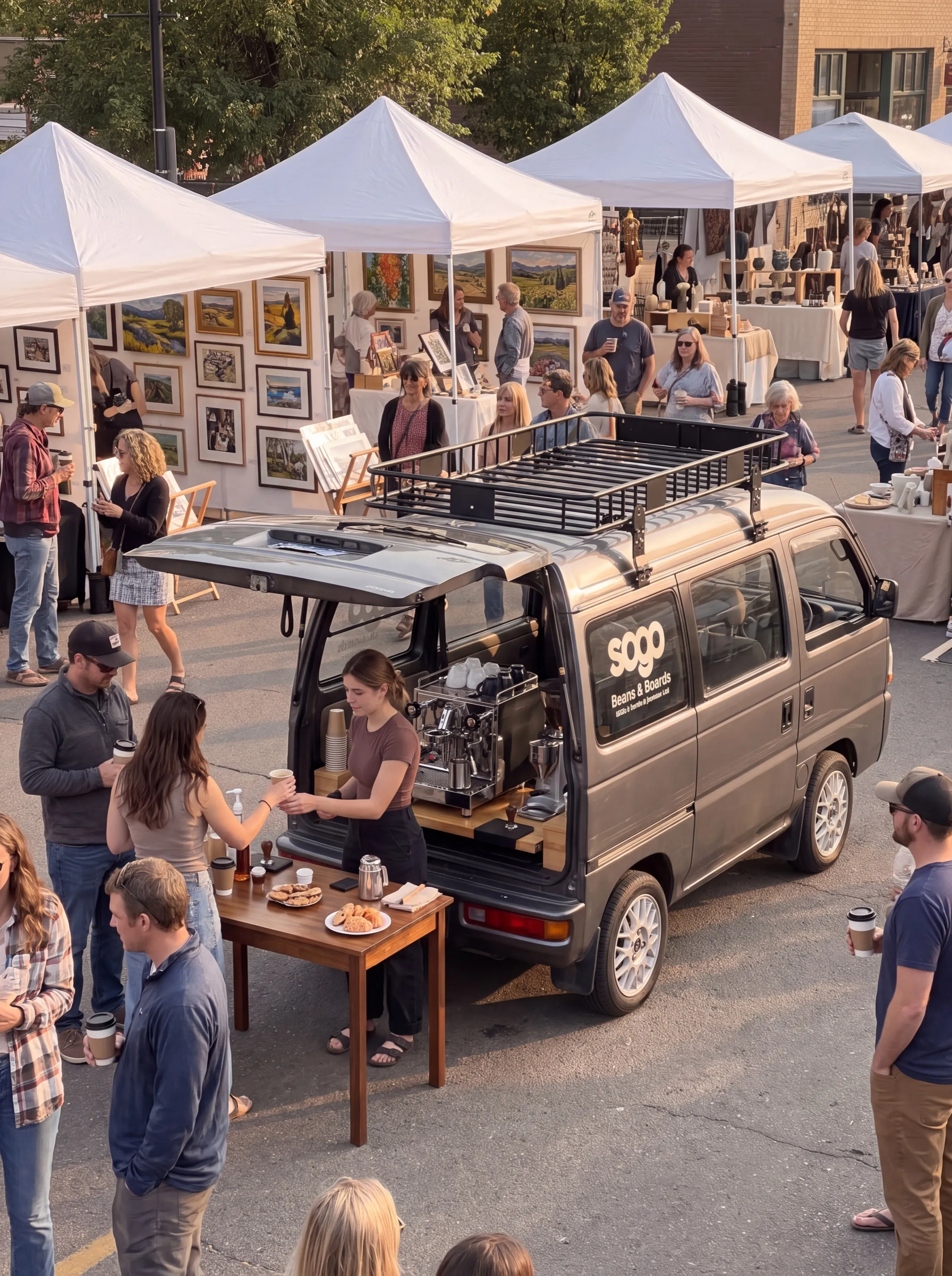 A barista serving coffee from the Sogo Mobile van at a busy outdoor art and craft market, with white vendor tents and browsing shoppers around it
