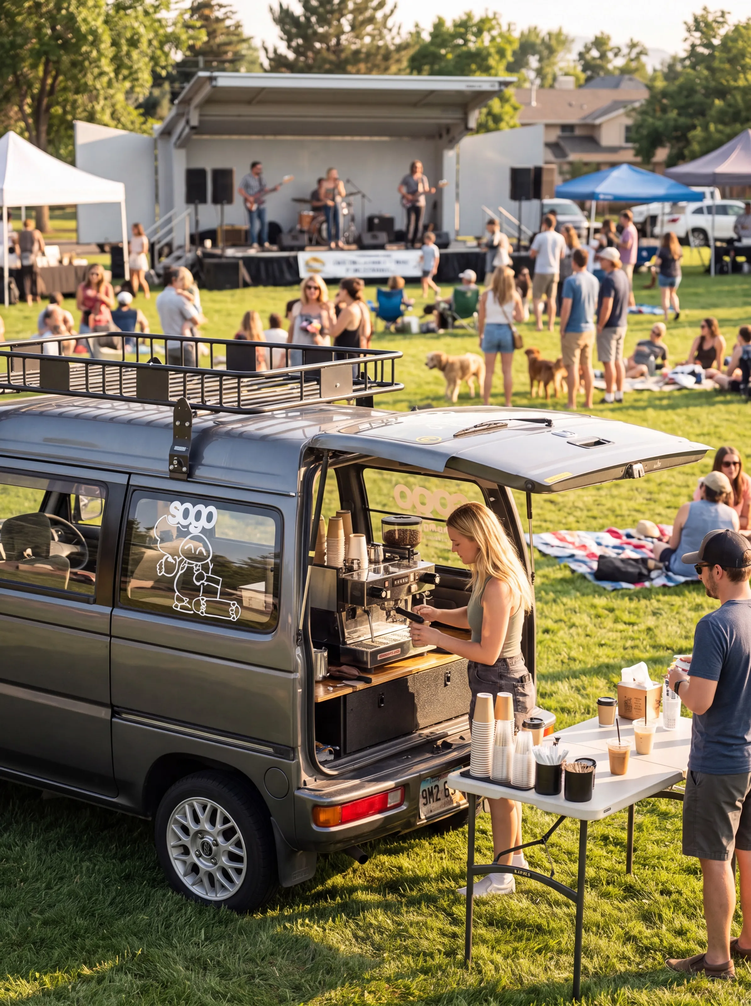 The Sogo Mobile van parked on the grass at an outdoor concert in a park, a barista making drinks while a band plays and families sit on blankets