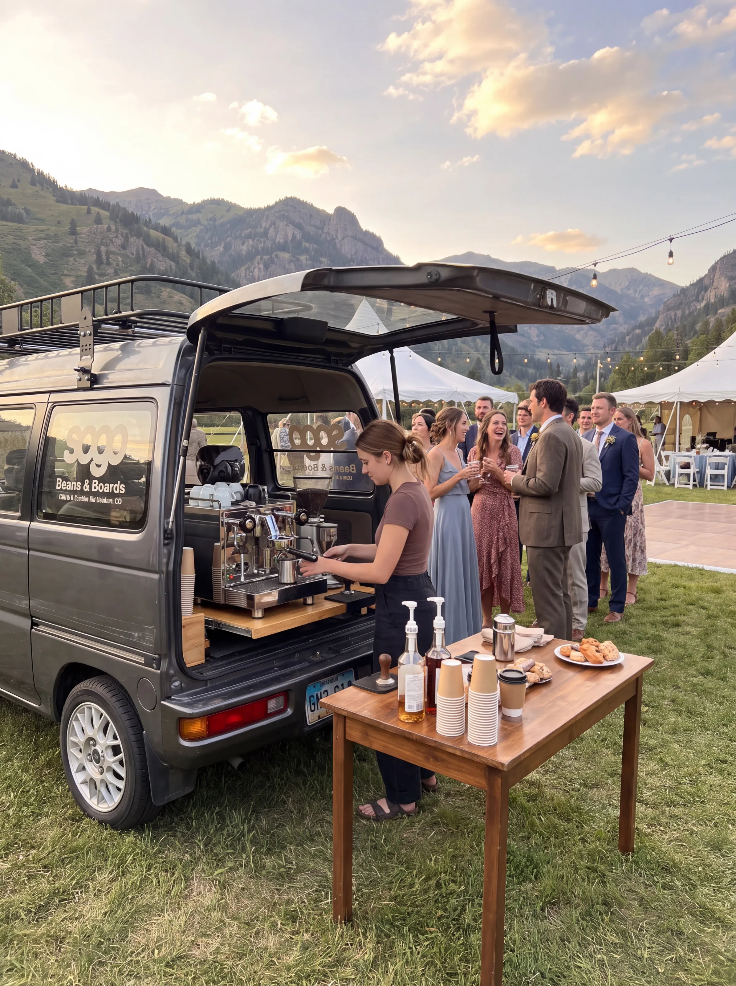A barista pulling espresso from the Sogo Mobile coffee van at an outdoor mountain wedding, with guests waiting beside a table of cups and pastries