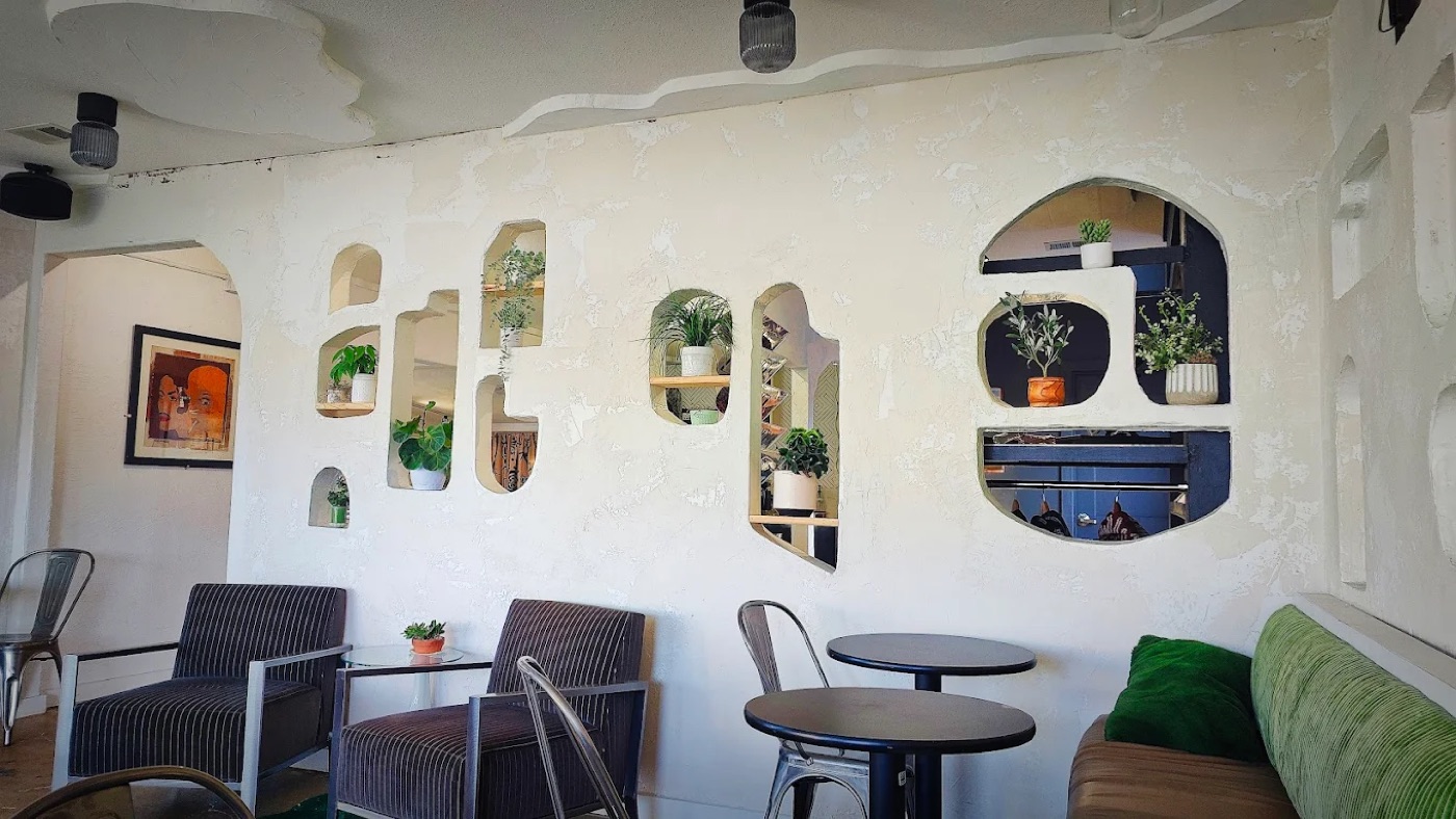 Hand-sculpted plaster wall with organic cut-out niches and plants